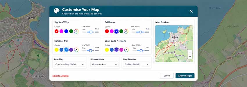 Settings for path colours, line widths and map layers