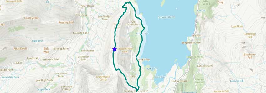 A circular walking route beside Derwent Water shown in FootPathMap