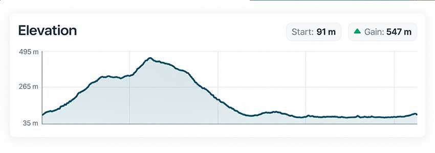 Elevation profile for the Cat Bells route showing a 91 metre start and 547 metres of ascent