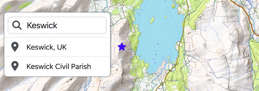 Illustration of Keswick search results and a saved favourite marker beside Derwent Water
