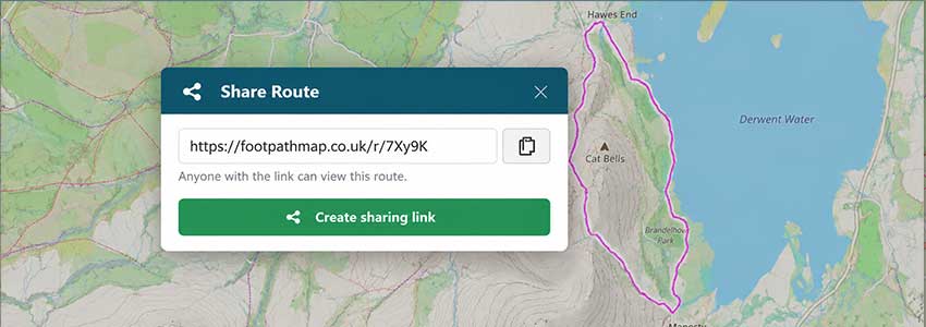 FootPathMap Share Route dialog over a saved Cat Bells walking route
